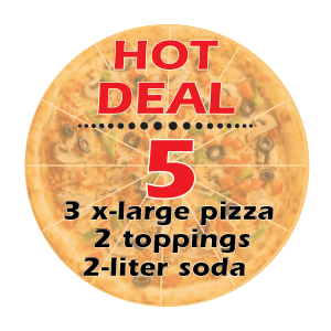 Super Hot Deal #5 Three X-Large Pizzas w / 2 Toppings , 2 Liter Soda